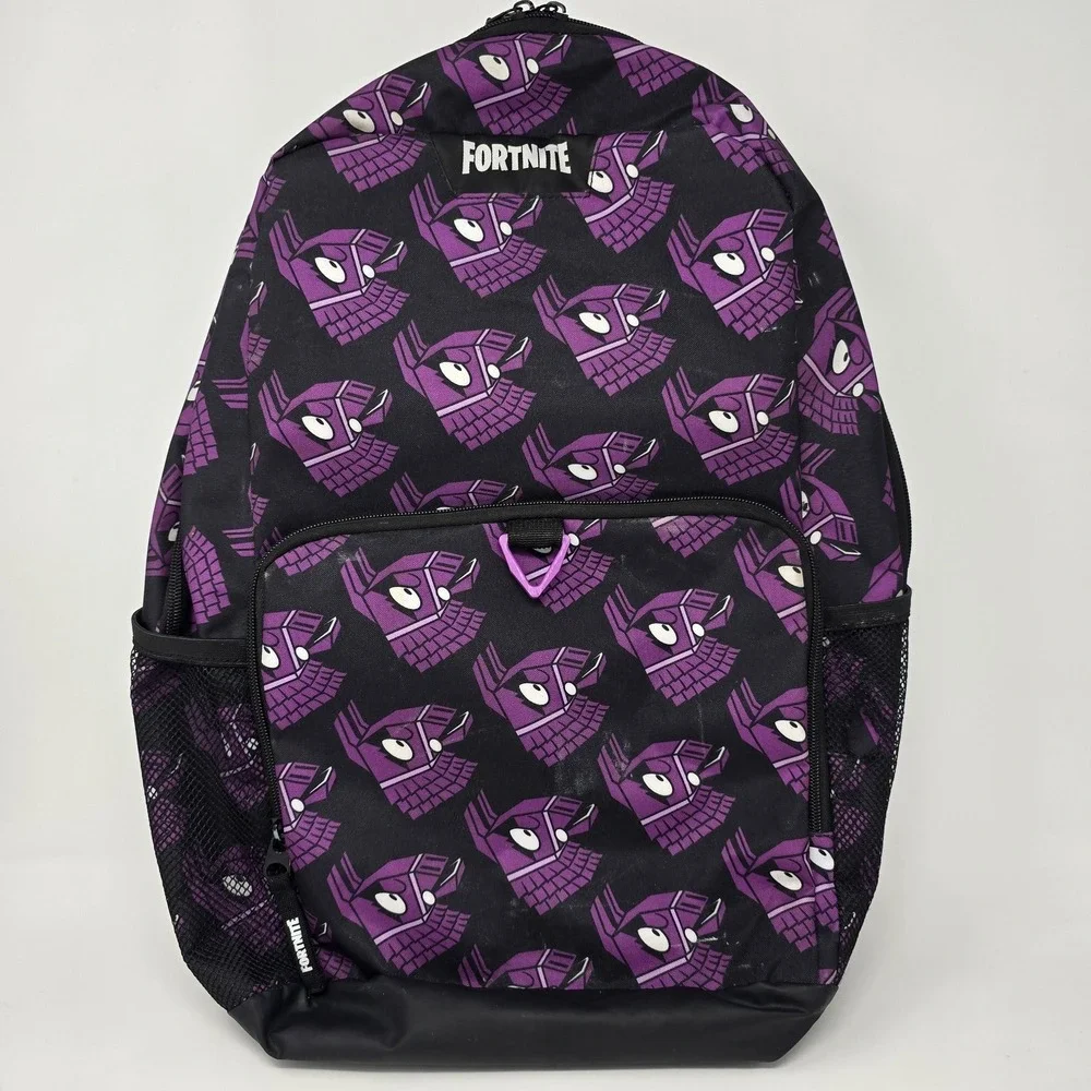 Fortnite Llama Backpack Black Purple All Over‎ Print School Bag Mesh Pockets